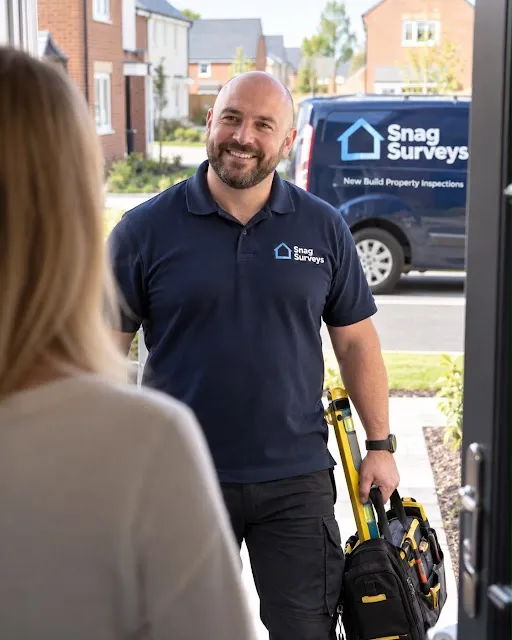 Snag Surveys inspector arriving to meet a new build homeowner at their front door