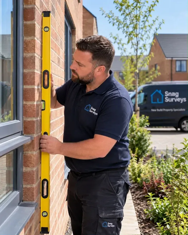 Snag Surveys inspector checking brickwork beside a window with a spirit level