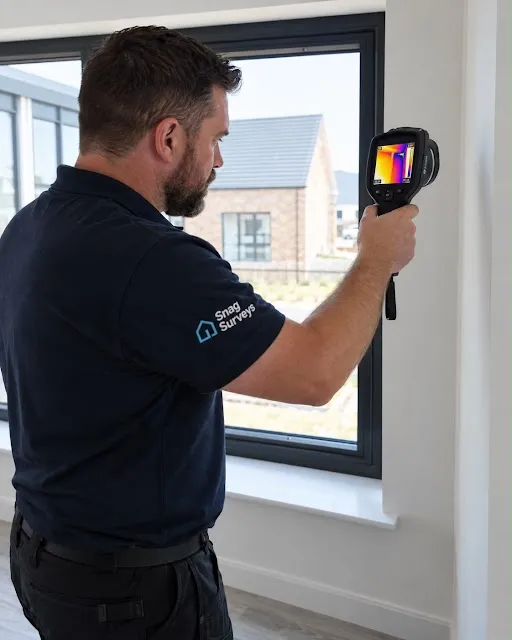 Snag Surveys inspector using a thermal imaging camera on a new build window